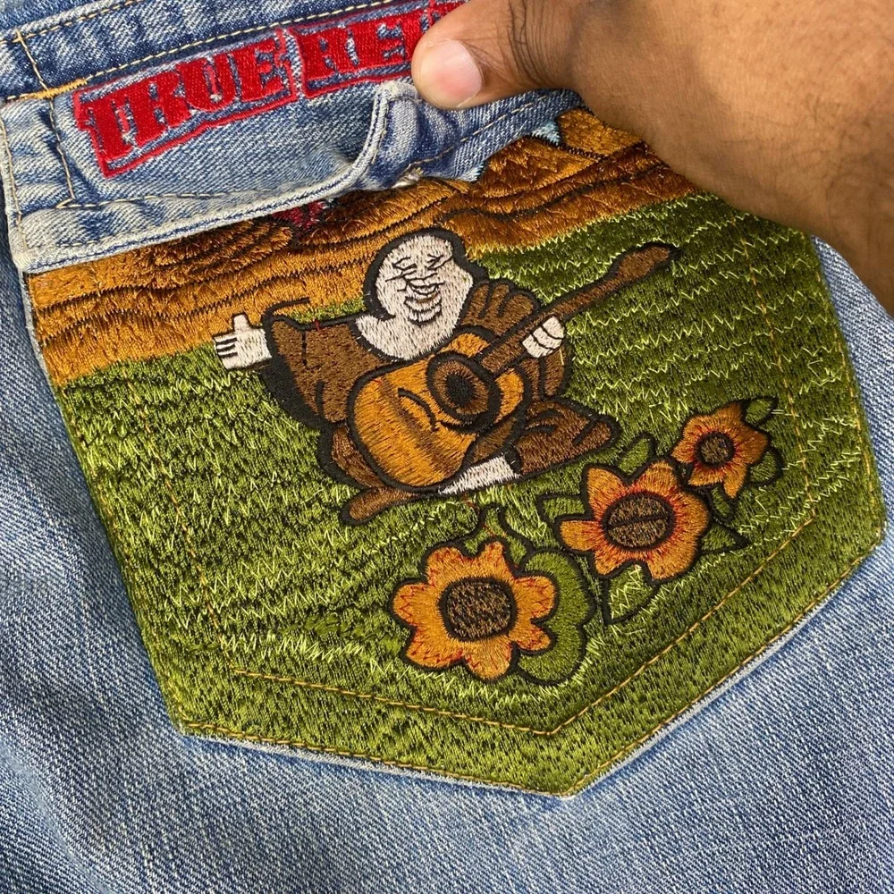 True Religion Billy Bootcut Jeans Mens 36 Blue Embroidered Buddha Sunflower Y2K